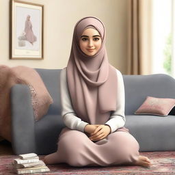 A realistic depiction of a Hijabi girl at home