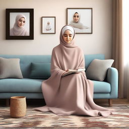 A realistic depiction of a Hijabi girl at home