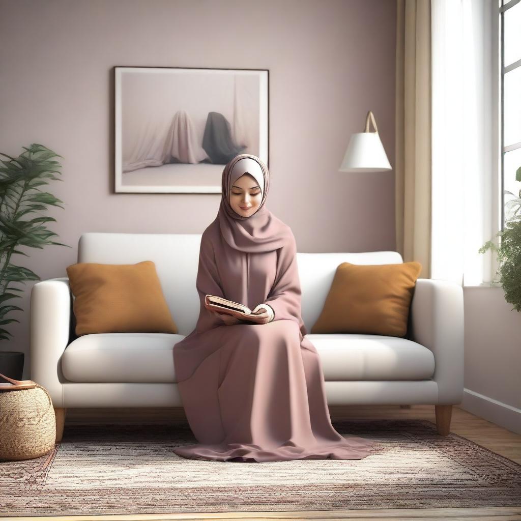 A realistic depiction of a Hijabi girl at home