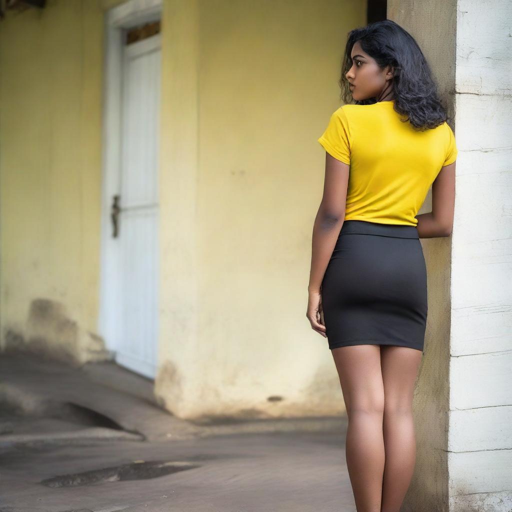 A beautiful, average-sized woman of Sri Lankan origin, wearing a black tight knee-length office skirt and a yellow t-shirt, turned with her back facing the viewer