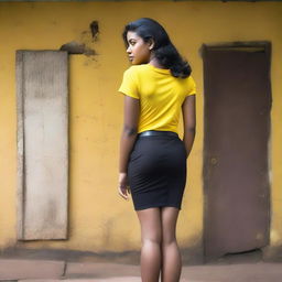 A beautiful, average-sized woman of Sri Lankan origin, wearing a black tight knee-length office skirt and a yellow t-shirt, turned with her back facing the viewer