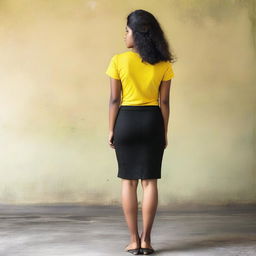 A beautiful, average-sized woman of Sri Lankan origin, wearing a black tight knee-length office skirt and a yellow t-shirt, turned with her back facing the viewer