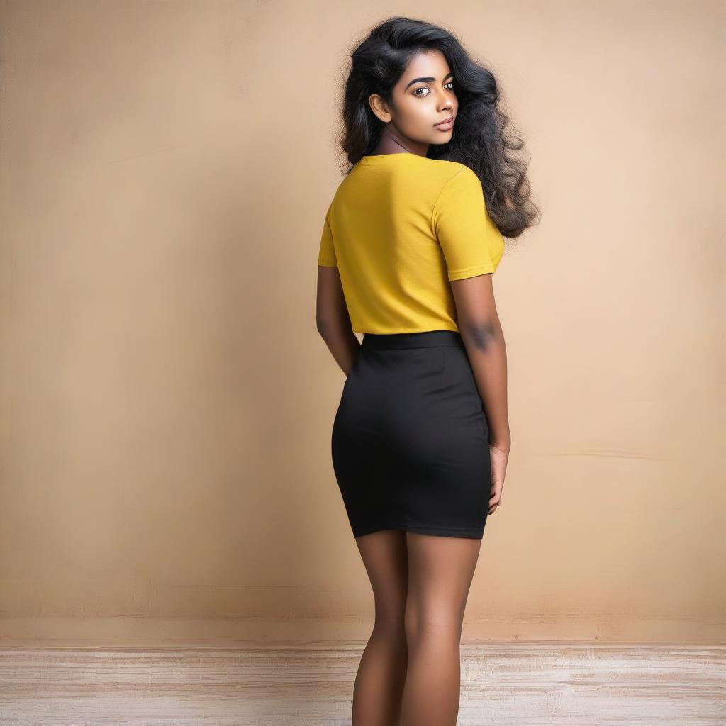 A beautiful, average-sized woman of Sri Lankan origin, wearing a black tight knee-length office skirt and a yellow t-shirt, turned with her back facing the viewer