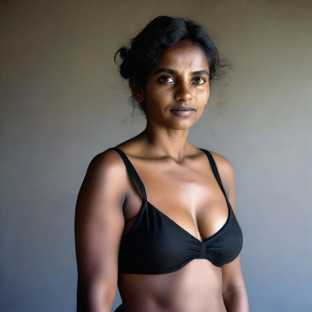 A beautiful, average-sized woman of Sri Lankan origin, wearing a short, old piece of cloth and a torn black bra