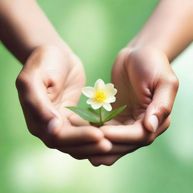 Three interlocking circles hovering over open hands with a budding flower in between