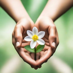 Three interlocking circles hovering over open hands with a budding flower in between