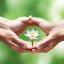 Three interlocking circles hovering over open hands with a budding flower in between