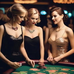 A stylish scene of women dressed in elegant evening gowns in a glamorous casino setting