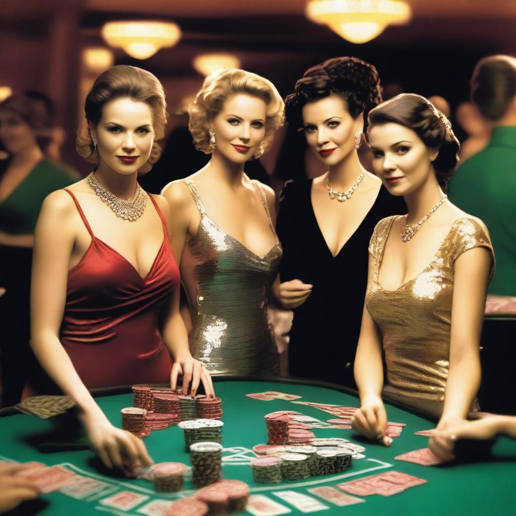 A stylish scene of women dressed in elegant evening gowns in a glamorous casino setting