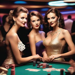 A stylish scene of women dressed in elegant evening gowns in a glamorous casino setting