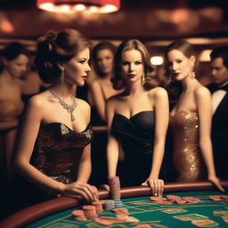 A stylish scene of women dressed in elegant evening gowns in a glamorous casino setting