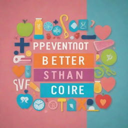 Illustrate a creative and inspirational poster with bold text stating 'Prevention is Better Than Cure', surrounded by symbols of health, fitness, and wellness. Incorporate vibrant colors and a minimalist design ethic.