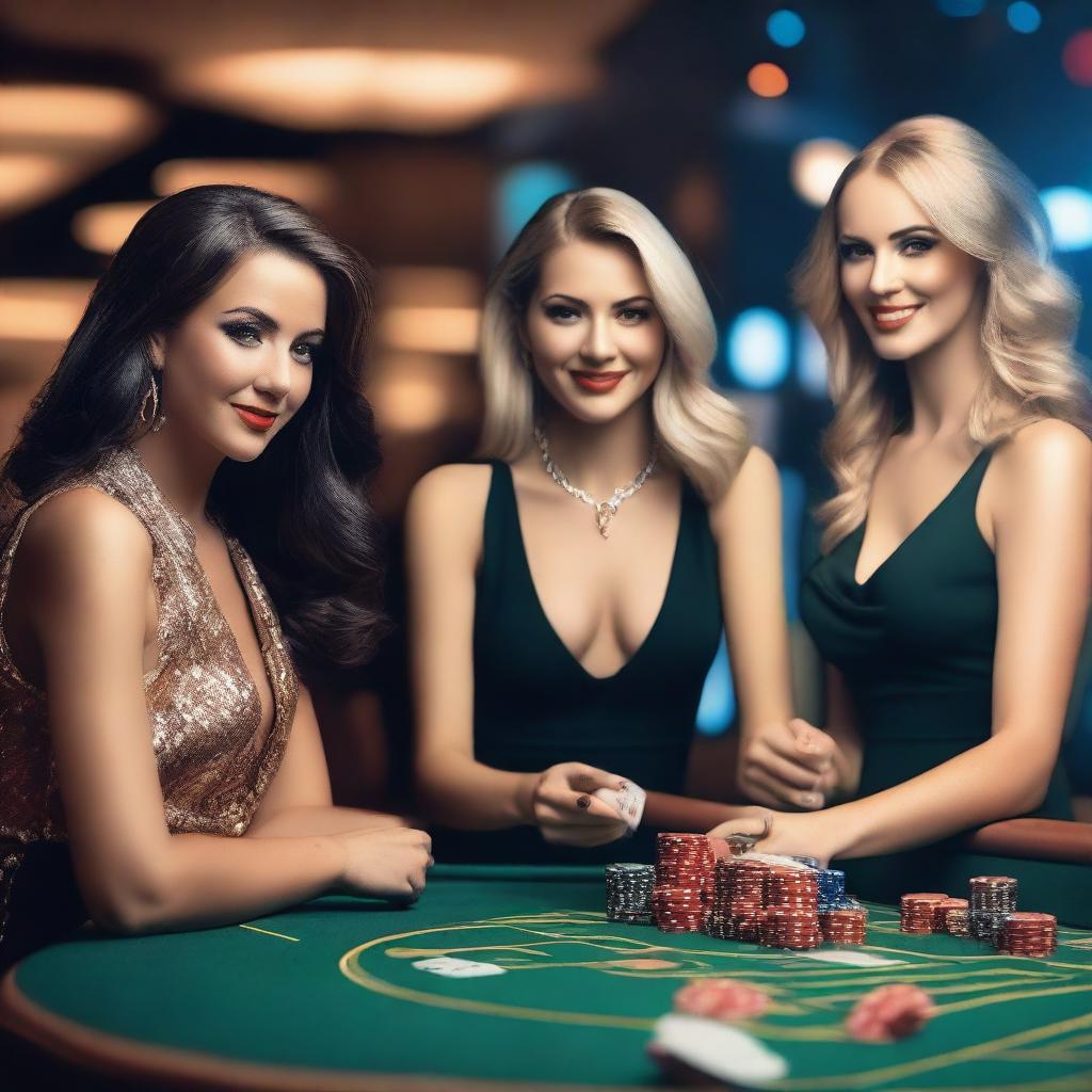 A group of attractive women in stylish outfits, playing at a casino