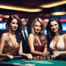 A group of attractive women in stylish outfits, playing at a casino