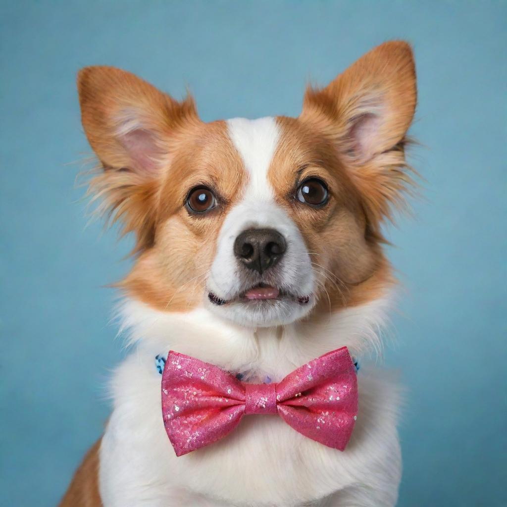 Incredibly cute and fluffy dog, with sparkling eyes full of mischief and joy. It's wearing a vibrant polka dot bowtie and has a butterfly gently resting on its nose