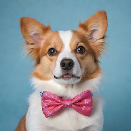 Incredibly cute and fluffy dog, with sparkling eyes full of mischief and joy. It's wearing a vibrant polka dot bowtie and has a butterfly gently resting on its nose