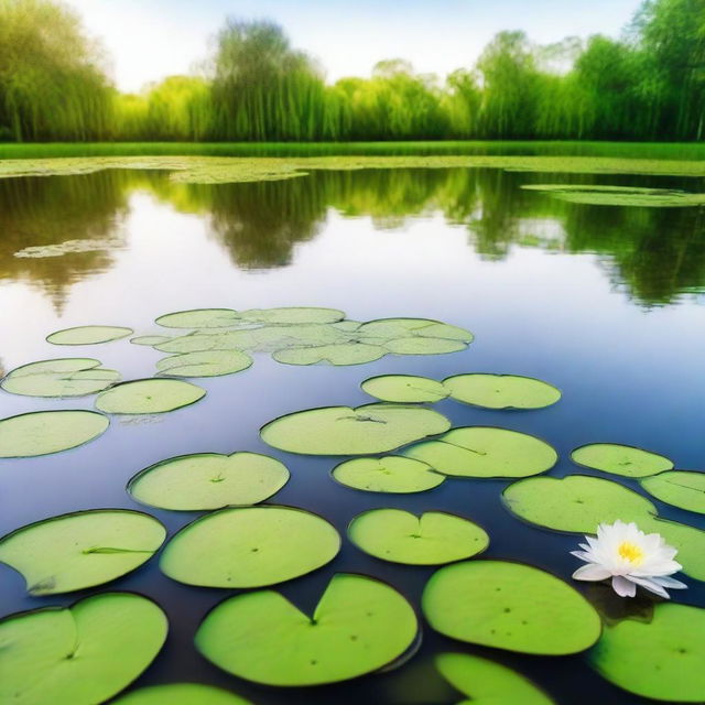 A serene pond covered with a layer of vibrant green duckweed, with a few floating lily pads and gentle ripples from a light breeze