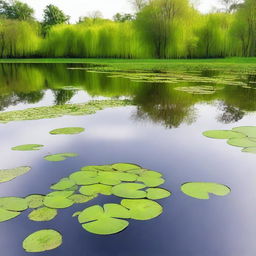 A serene pond covered with a layer of vibrant green duckweed, with a few floating lily pads and gentle ripples from a light breeze