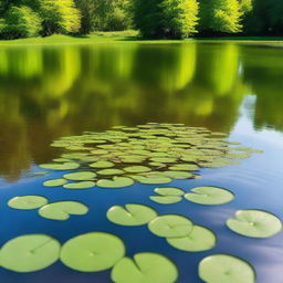 A serene pond covered with a layer of vibrant green duckweed, with a few floating lily pads and gentle ripples from a light breeze