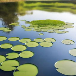 A serene pond covered with a layer of vibrant green duckweed, with a few floating lily pads and gentle ripples from a light breeze