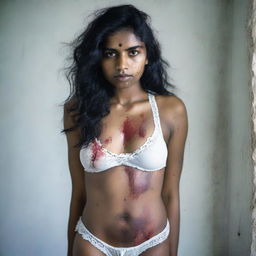 A beautiful, elegant, and average-sized woman of Sri Lankan origin, wearing torn, dirty, and blood-stained white lingerie