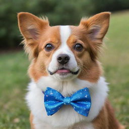 Incredibly cute and fluffy dog, with sparkling eyes full of mischief and joy. It's wearing a vibrant polka dot bowtie and has a butterfly gently resting on its nose