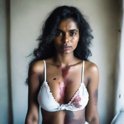 A beautiful, elegant, and average-sized woman of Sri Lankan origin, wearing torn, dirty, and blood-stained white lingerie