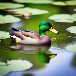 A vibrant green duck swimming gracefully in a clear pond