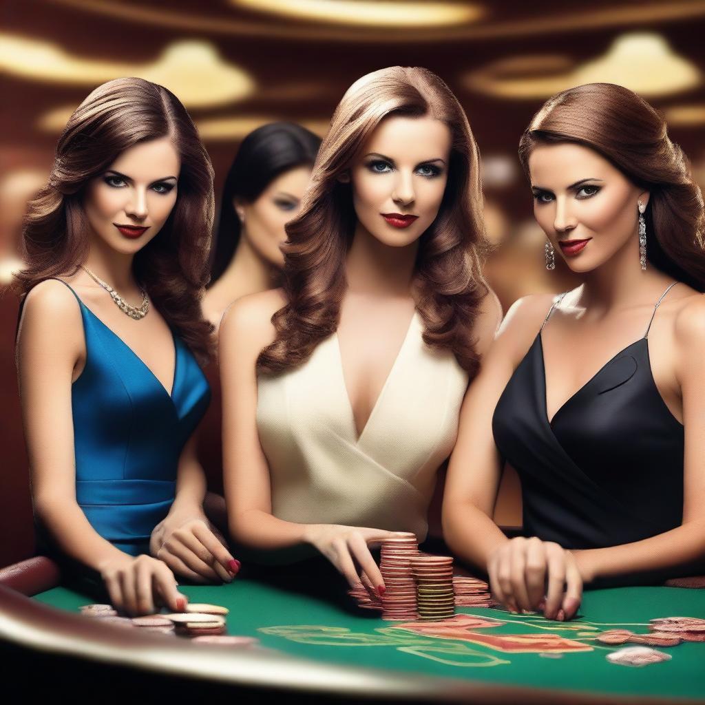 A group of attractive women in stylish, elegant outfits, playing at a casino