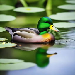 A vibrant green duck swimming gracefully in a clear pond