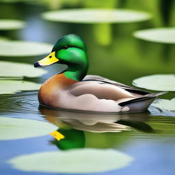 A vibrant green duck swimming gracefully in a clear pond