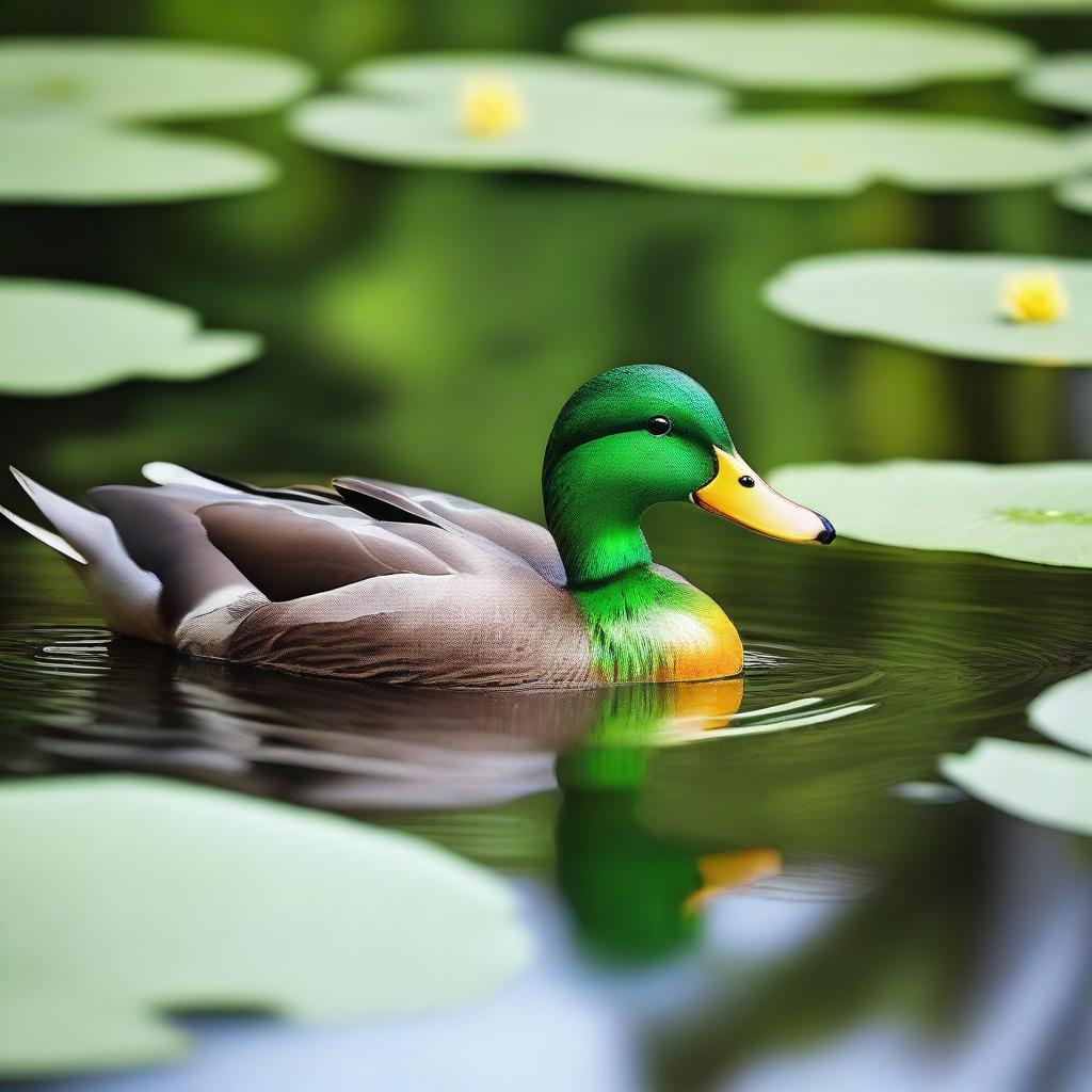 A vibrant green duck swimming gracefully in a clear pond