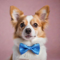 Incredibly cute and fluffy dog, with sparkling eyes full of mischief and joy. It's wearing a vibrant polka dot bowtie and has a butterfly gently resting on its nose