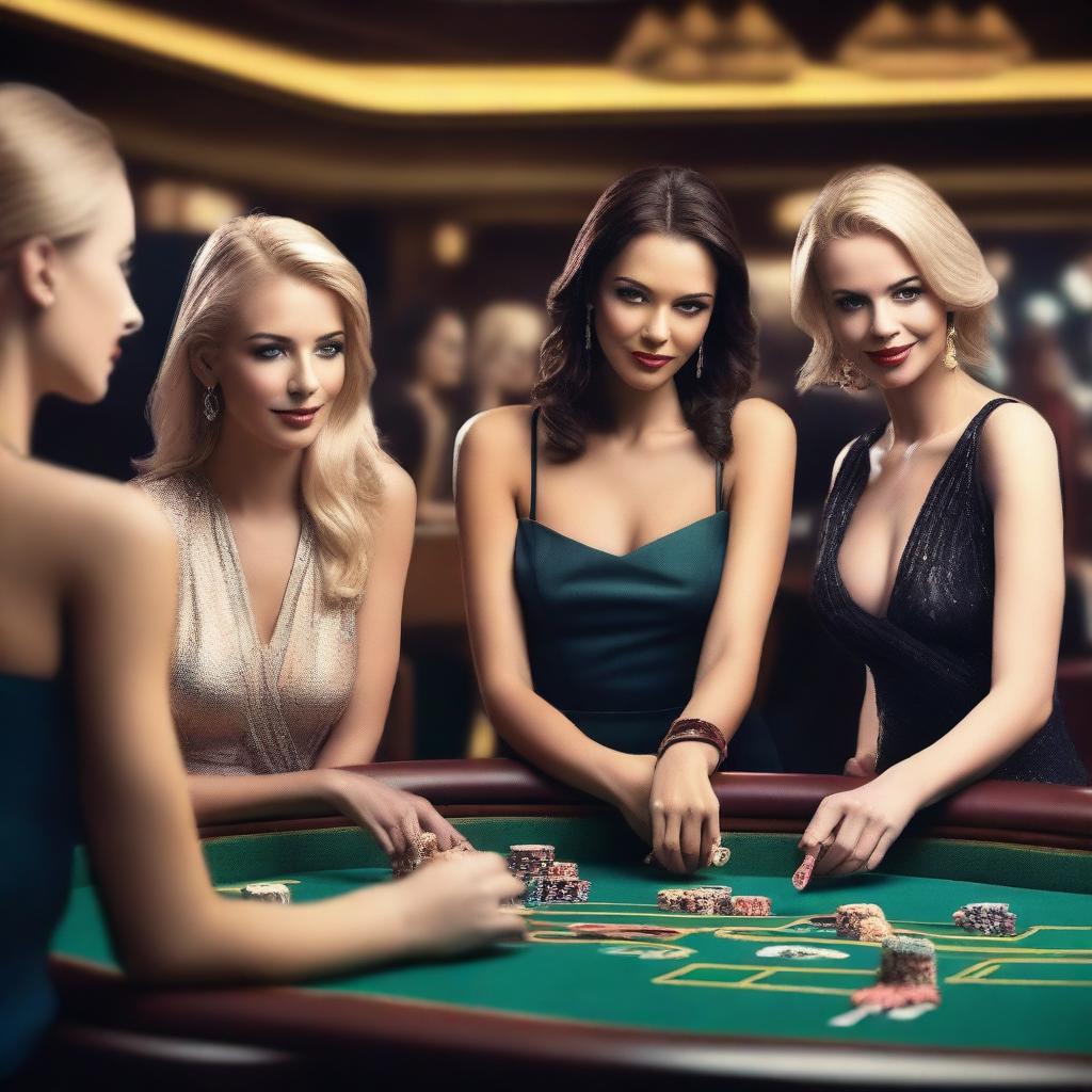 A group of attractive women in stylish, elegant outfits, playing at a casino