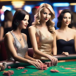 A group of attractive women in stylish, elegant outfits, playing at a casino