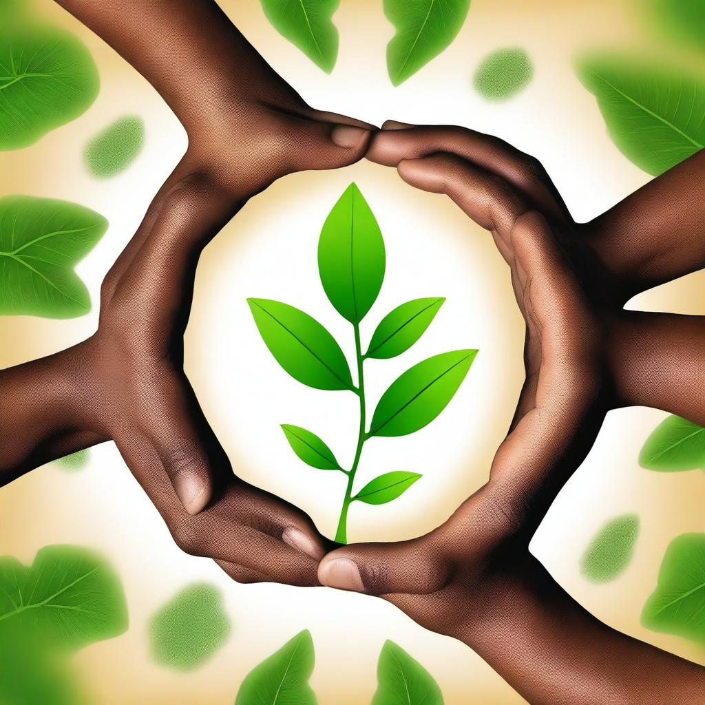 African American hands with three circles of life hovering above them, and a budding plant in the center