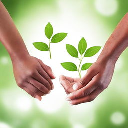 African American hands with three circles of life hovering above them, and a budding plant in the center