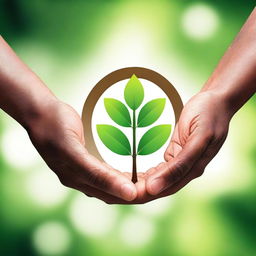 African American hands with three circles of life hovering above them, and a budding plant in the center