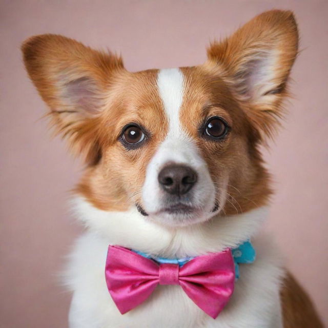 Incredibly cute and fluffy dog, with sparkling eyes full of mischief and joy. It's wearing a vibrant polka dot bowtie and has a butterfly gently resting on its nose