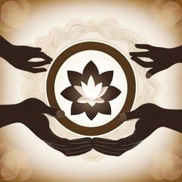 African American hands with three circles of life hovering above them, and a budding lotus in the center