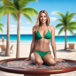 Create a photorealistic image of a woman in a bikini sitting on a casino table on a beach