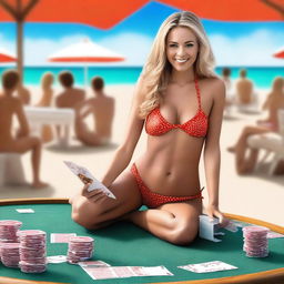 Create a photorealistic image of a woman in a bikini sitting on a casino table on a beach, holding cards