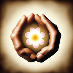 Spiritual hands with a budding flower in between them, enclosed within three interlocking circles