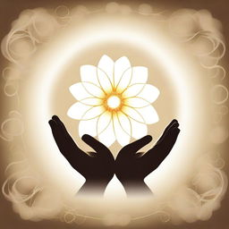 Spiritual hands with a budding flower in between them, enclosed within three interlocking circles