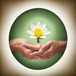 Spiritual hands with a budding flower in between them, enclosed within three interlocking circles