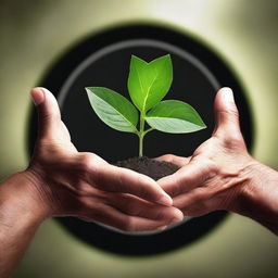 Spiritual hands with a budding plant in between them, enclosed within three interlocking circles