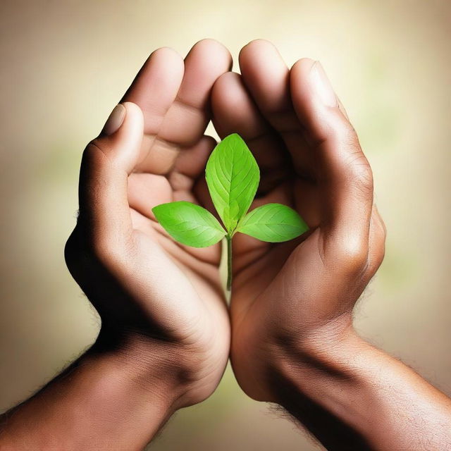 Spiritual hands with a budding plant in between them, enclosed within three interlocking circles