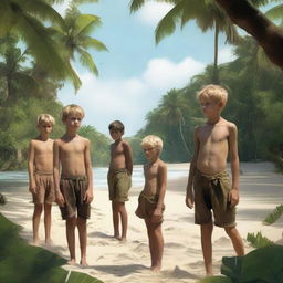 A group of young boys stranded on a deserted island, surrounded by dense jungle and a sandy beach, with a sense of adventure and tension in the air