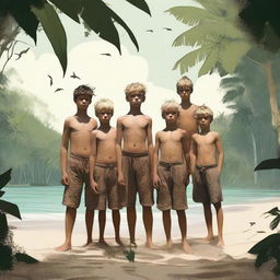 A group of young boys stranded on a deserted island, surrounded by dense jungle and a sandy beach, with a sense of adventure and tension in the air