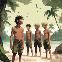 A group of young boys stranded on a deserted island, surrounded by dense jungle and a sandy beach, with a sense of adventure and tension in the air